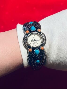 Vintage 1992 New!! No box Silver Turquoise & Coral Stone Cuff Watch